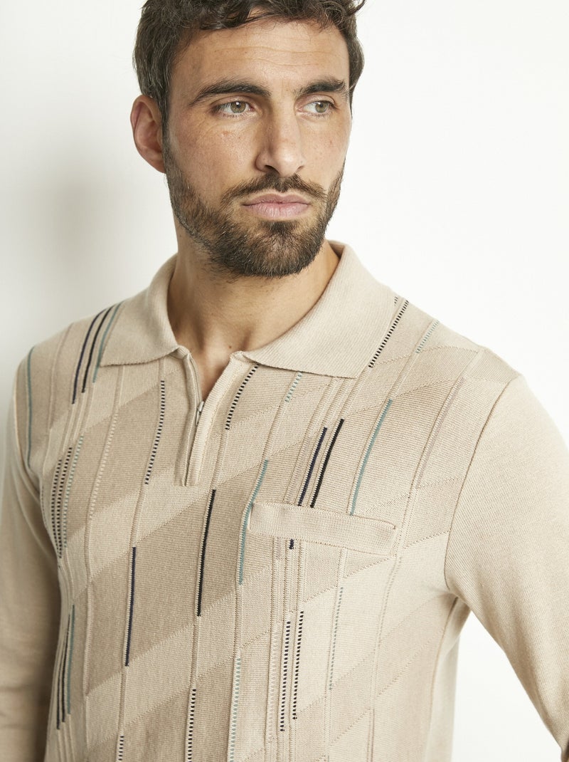 Pull col polo manches longues jacquard - Afibel Beige - Kiabi