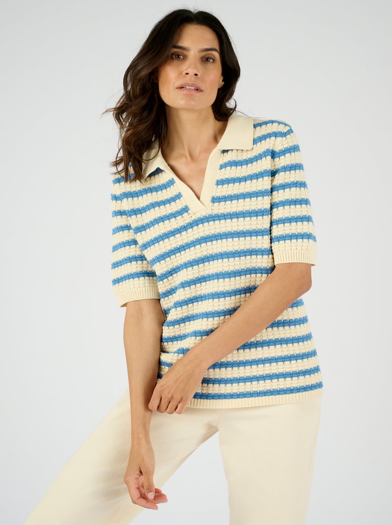 Pull col polo rayé - Damart Bleu - Kiabi