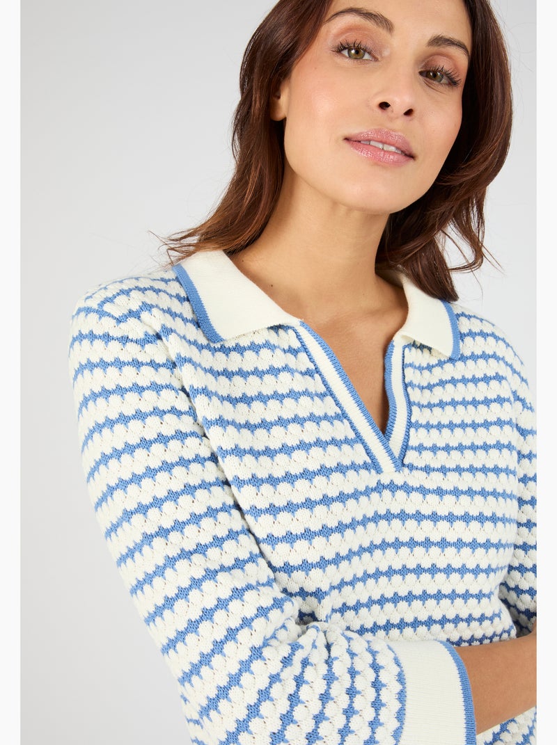 Pull col polo rayé - Damart Bleu - Kiabi