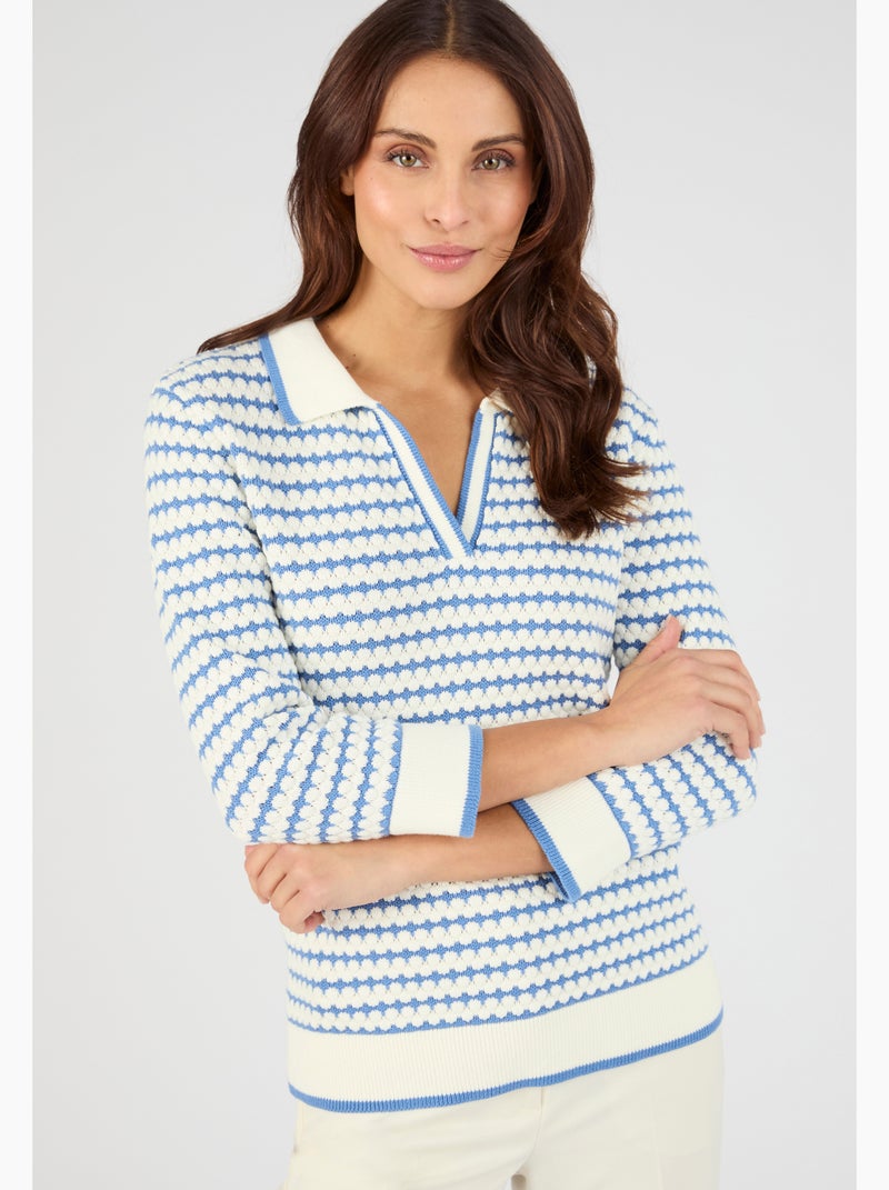 Pull col polo rayé - Damart Bleu - Kiabi