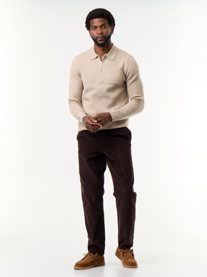 Pull col polo zippé Beige - Kiabi