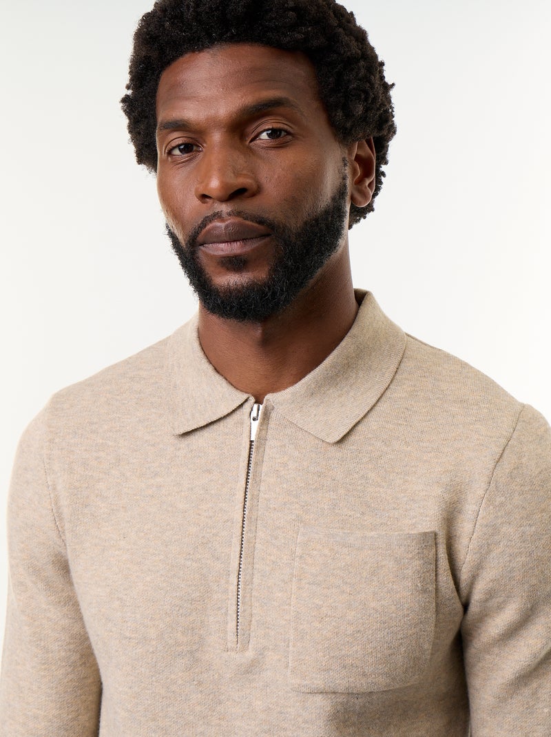 Pull col polo zippé Beige - Kiabi