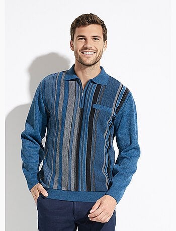 Pull col polo zippé jacquard rayé laine - afibel