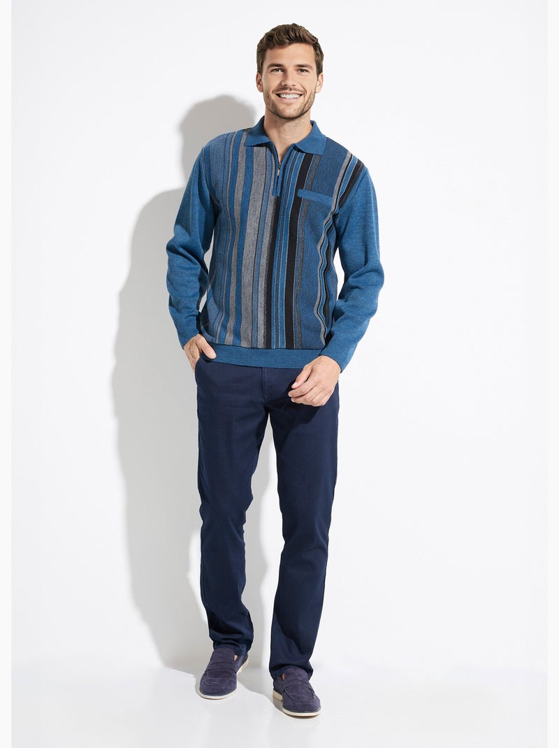 Pull col polo zippé jacquard rayé laine - afibel Bleu - Kiabi