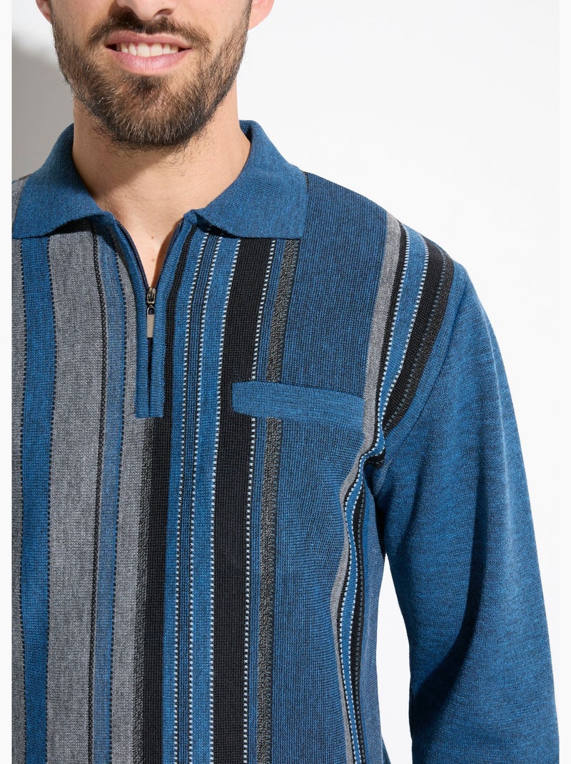 Pull col polo zippé jacquard rayé laine - afibel Bleu - Kiabi