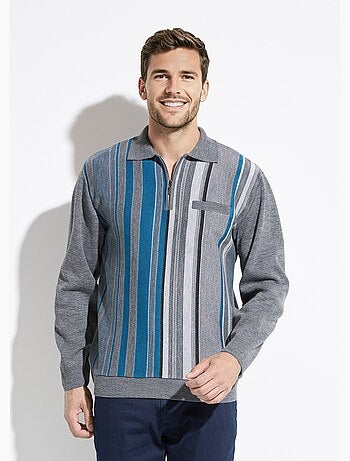 Pull col polo zippé jacquard rayé laine - afibel