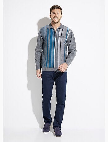 Pull col polo zippé jacquard rayé laine - afibel