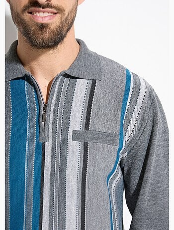 Pull col polo zippé jacquard rayé laine - afibel