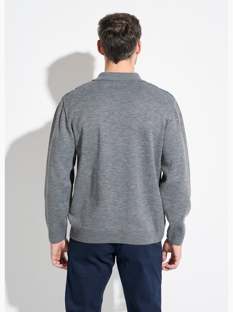 Pull col polo zippé jacquard rayé laine - afibel Gris - Kiabi