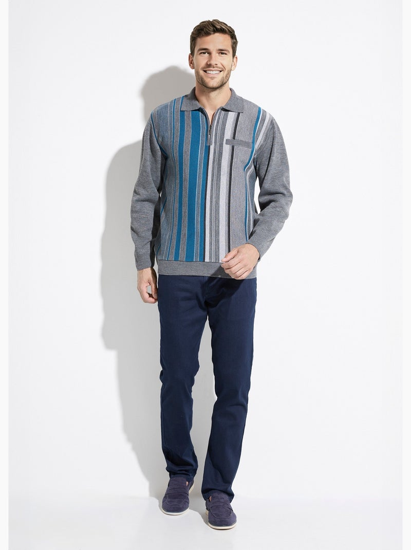 Pull col polo zippé jacquard rayé laine - afibel Gris - Kiabi