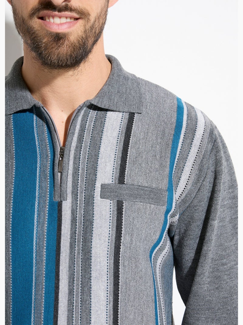 Pull col polo zippé jacquard rayé laine - afibel Gris - Kiabi