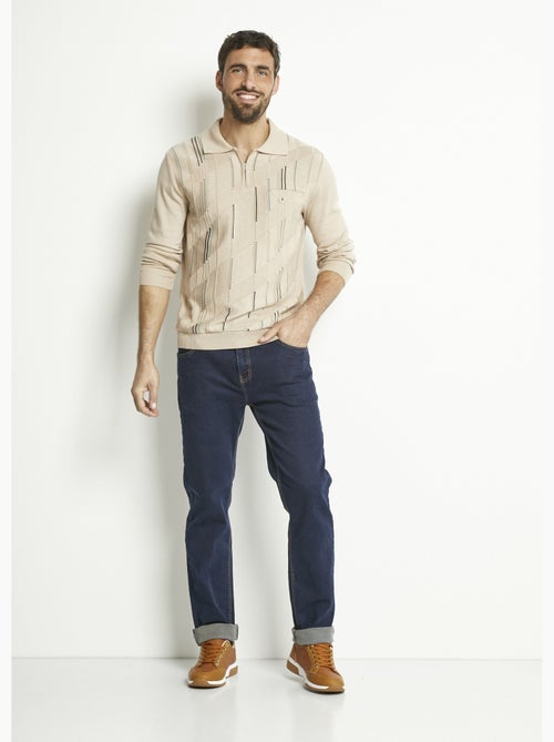 Pull col polo zippé manches longues coton jacquard - Afibel - Kiabi