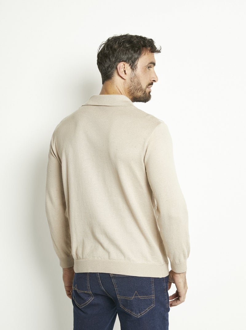 Pull col polo zippé manches longues coton jacquard Beige - Kiabi