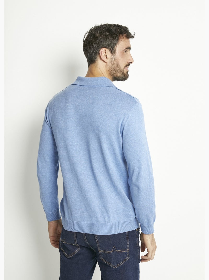 Pull col polo zippé manches longues coton jacquard Bleu - Kiabi