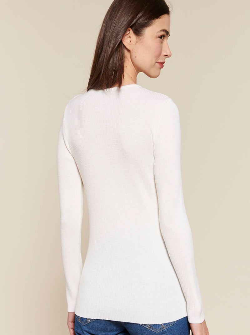 Pull col rond 50% laine mérinos, uni et rayé - Damart Blanc cassé - Kiabi