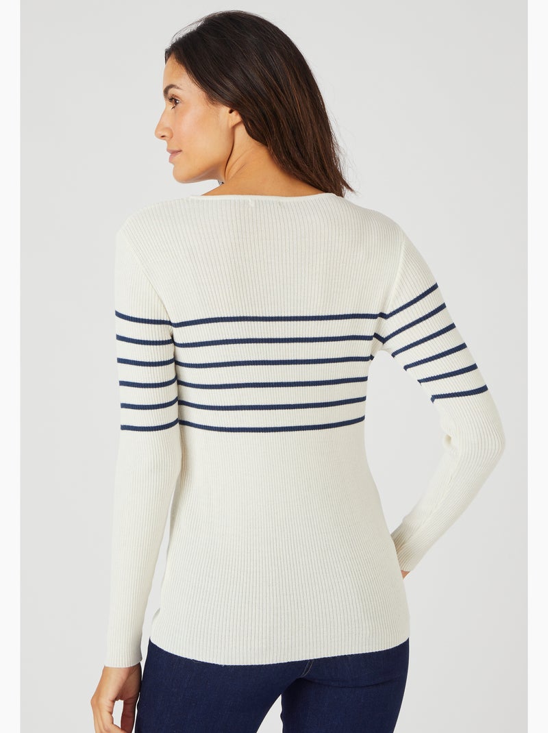 Pull col rond 50% laine mérinos, uni et rayé - Damart Blanc - Kiabi