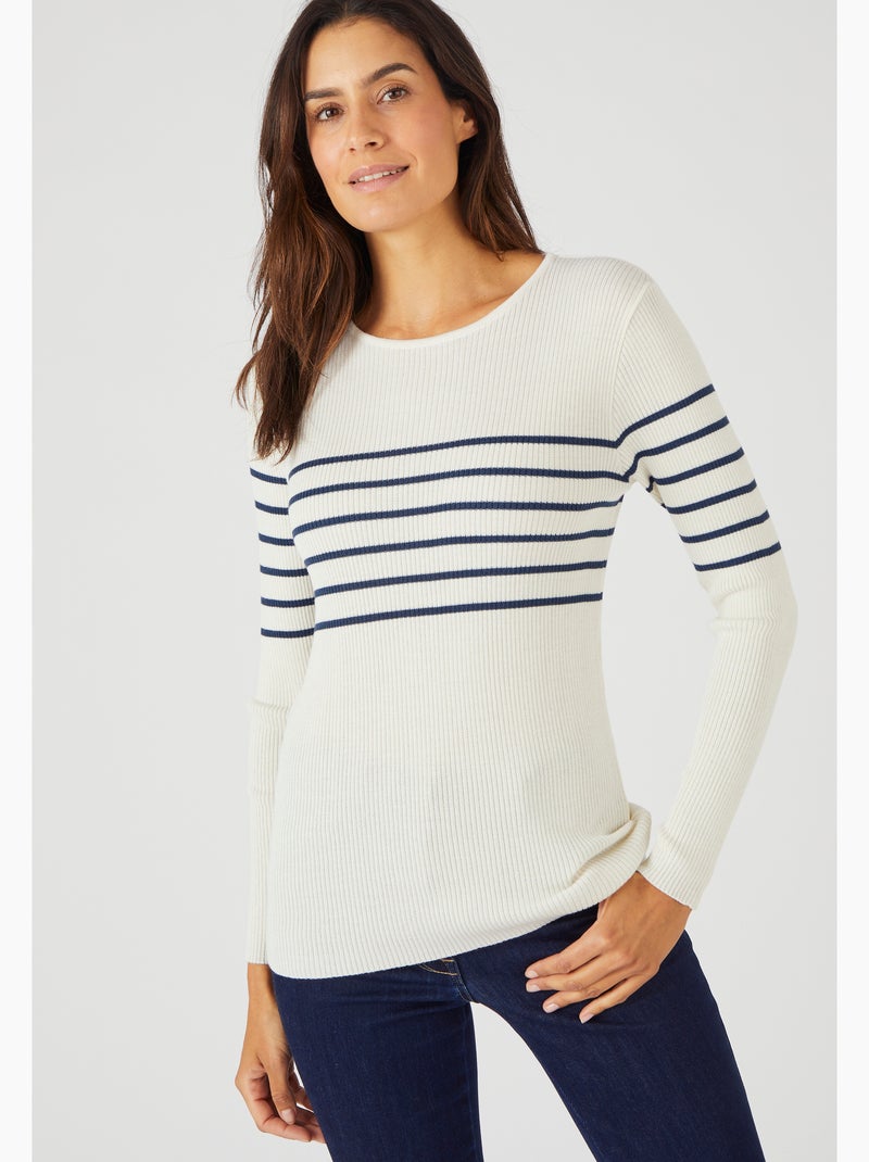 Pull col rond 50% laine mérinos, uni et rayé - Damart Blanc - Kiabi
