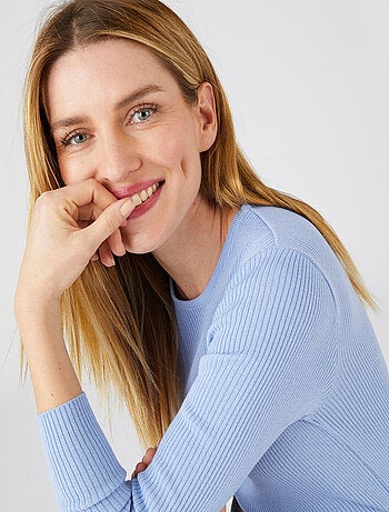 Pull col rond 50% laine mérinos, uni et rayé - Damart