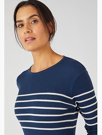 Pull col rond 50% laine mérinos, uni et rayé - Damart
