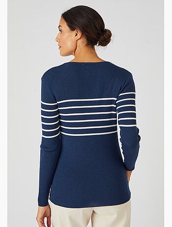 Pull col rond 50% laine mérinos, uni et rayé - Damart
