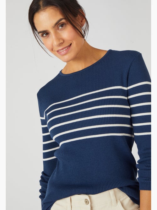 Pull col rond 50% laine mérinos, uni et rayé - Damart - Kiabi