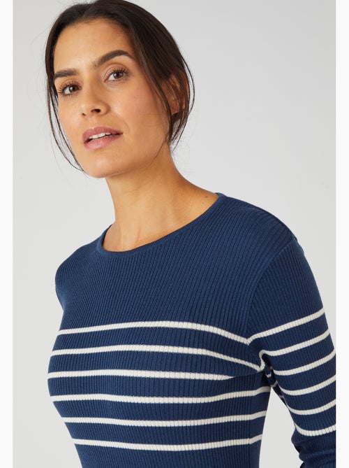 Pull col rond 50% laine mérinos, uni et rayé - Damart - Kiabi