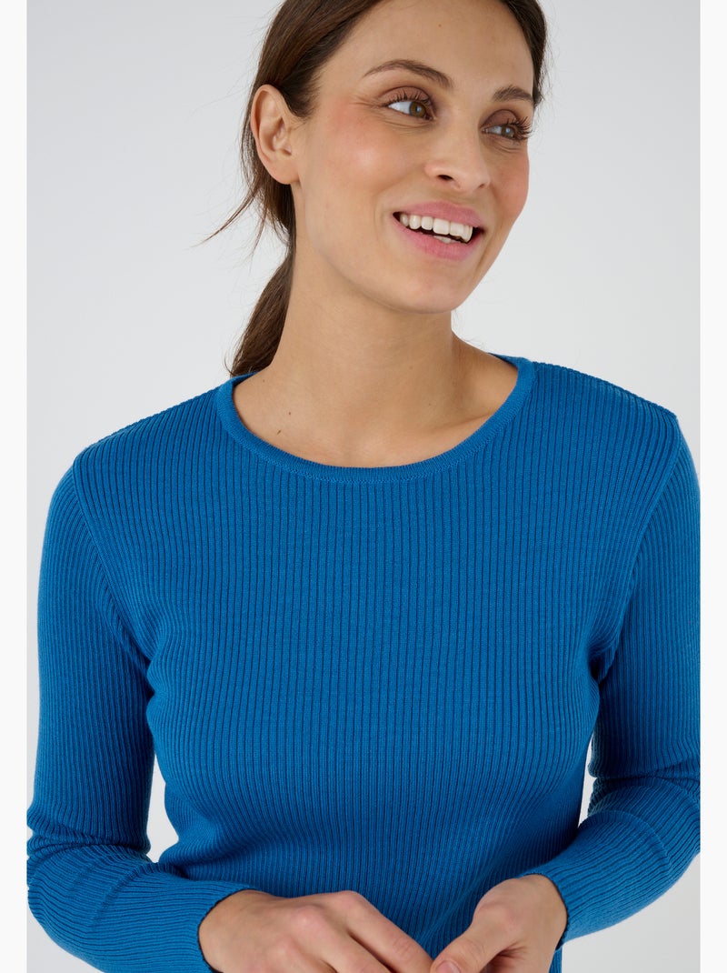 Pull col rond 50% laine mérinos, uni et rayé - Damart Bleu - Kiabi