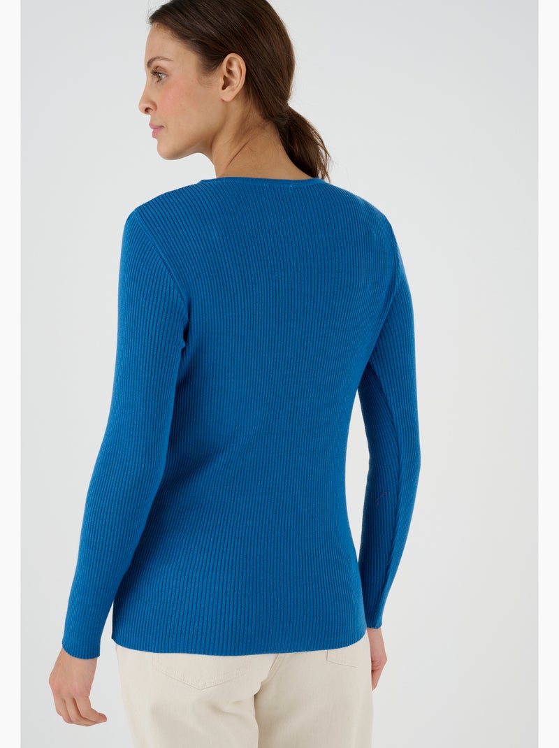 Pull col rond 50% laine mérinos, uni et rayé - Damart Bleu - Kiabi