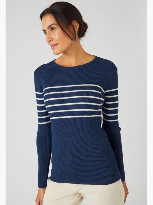 Pull col rond 50% laine mérinos, uni et rayé - Damart - Kiabi