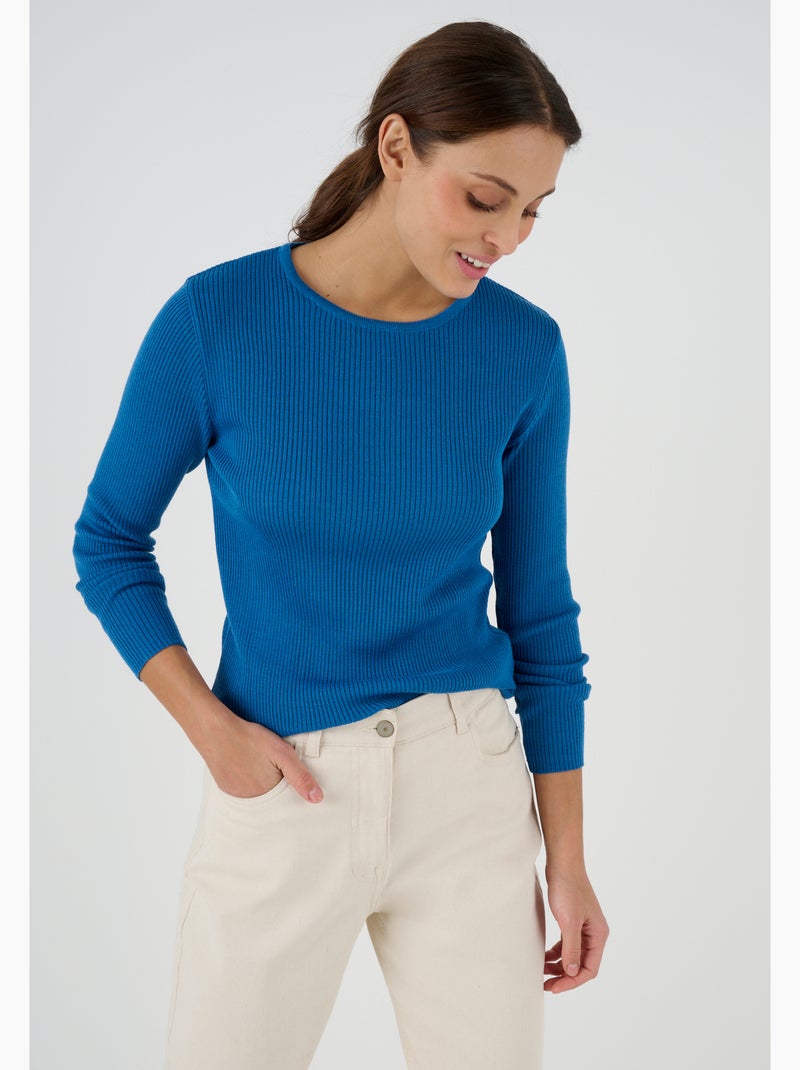 Pull col rond 50% laine mérinos, uni et rayé - Damart Bleu - Kiabi