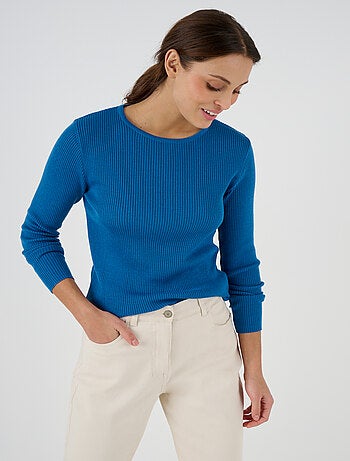 Pull col rond 50% laine mérinos, uni et rayé - Damart