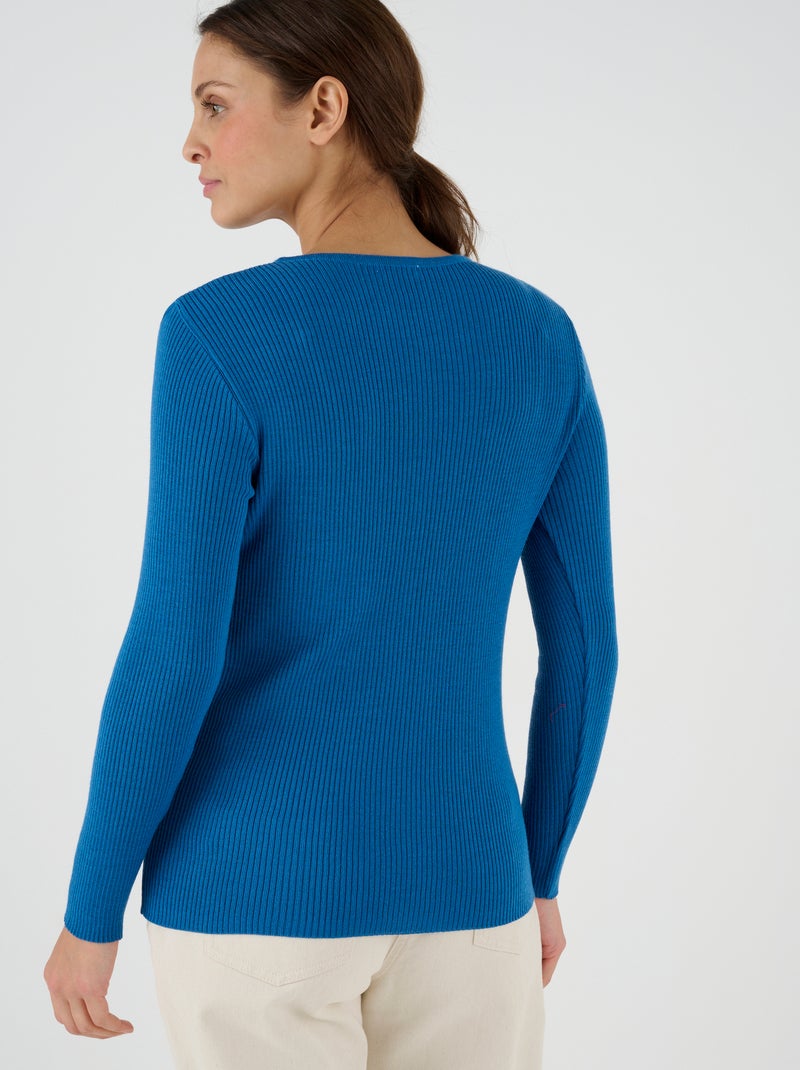 Pull col rond 50% laine mérinos, uni et rayé - Damart Bleu électrique - Kiabi