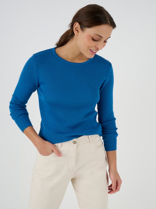 Pull col rond 50% laine mérinos, uni et rayé - Damart - Kiabi