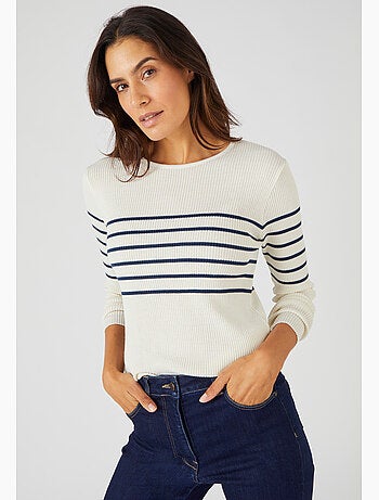 Pull col rond 50% laine mérinos, uni et rayé - Damart