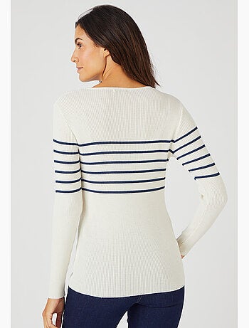 Pull col rond 50% laine mérinos, uni et rayé - Damart