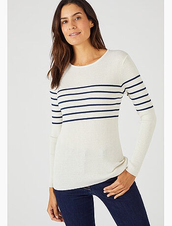 Pull col rond 50% laine mérinos, uni et rayé - Damart