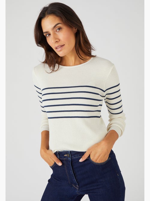 Pull col rond 50% laine mérinos, uni et rayé - Damart - Kiabi