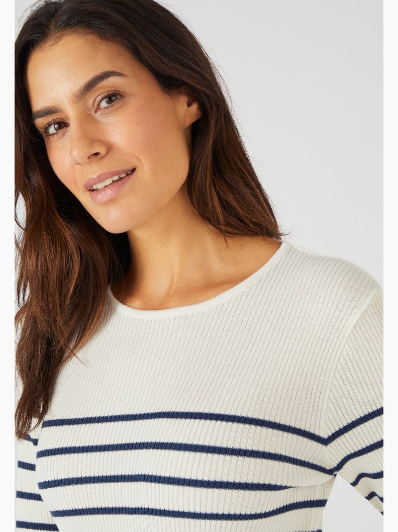 Pull col rond 50% laine mérinos, uni et rayé - Damart Bleu marine - Kiabi