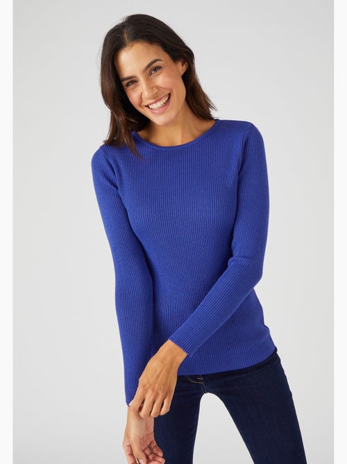 Pull col rond 50% laine mérinos, uni et rayé - Damart - Kiabi