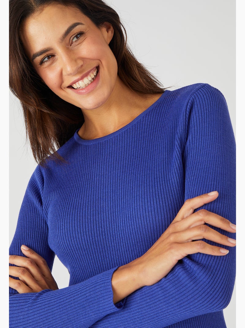Pull col rond 50% laine mérinos, uni et rayé - Damart Bleu paon - Kiabi