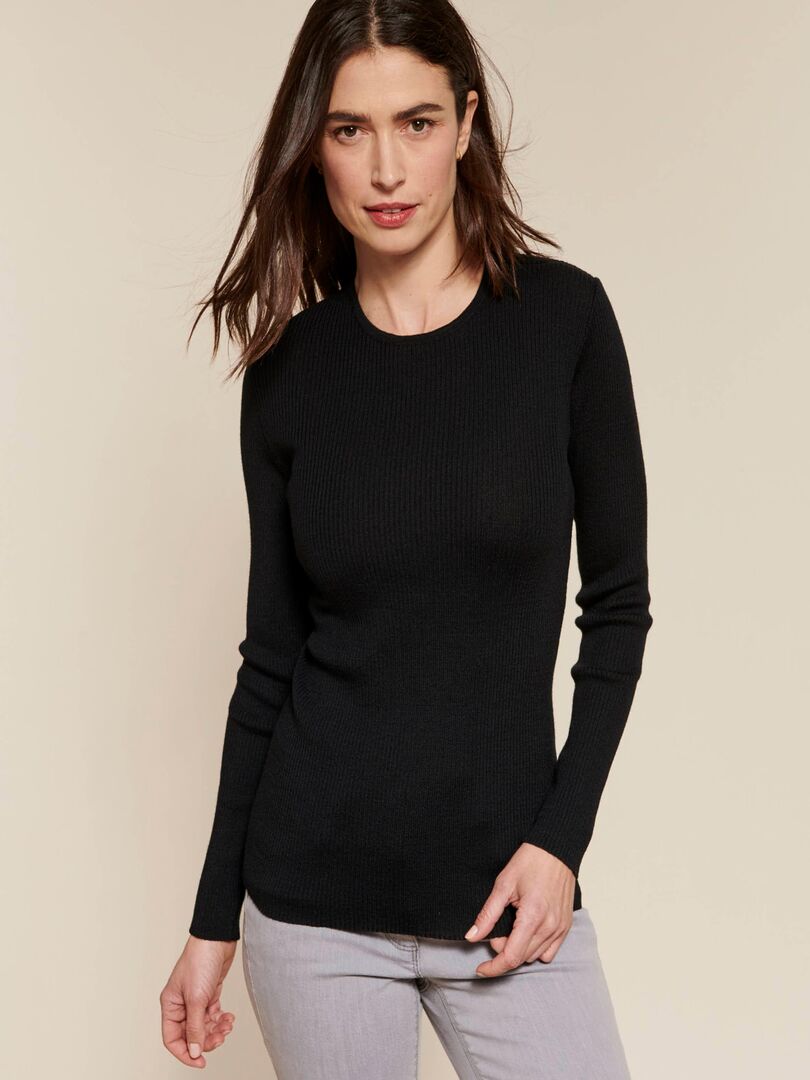 Pull col rond 50% laine mérinos, uni et rayé - Damart Noir - Kiabi