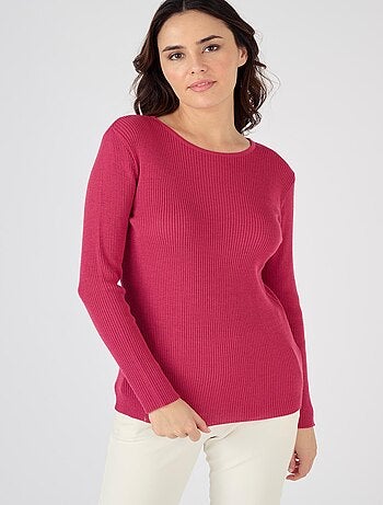 Pull col rond 50% laine mérinos, uni et rayé - Damart