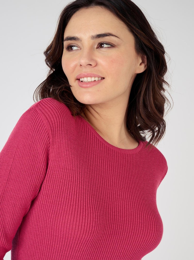 Pull col rond 50% laine mérinos, uni et rayé - Damart Rose framboise - Kiabi
