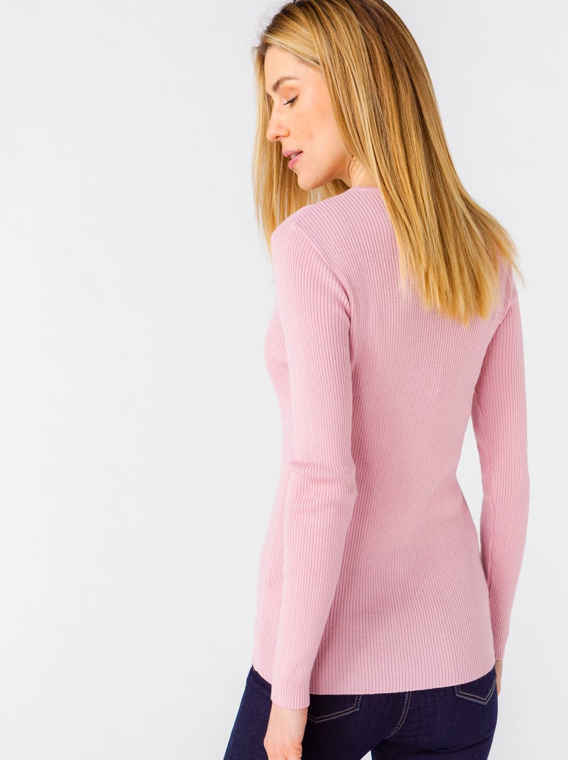 Pull col rond 50% laine mérinos, uni et rayé - Damart Rose pastel - Kiabi