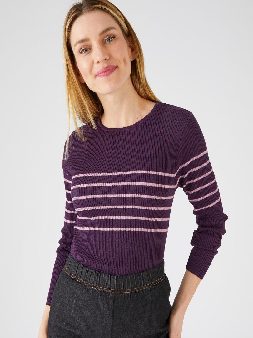 Pull col rond 50% laine mérinos, uni et rayé - Damart Violet clair - Kiabi