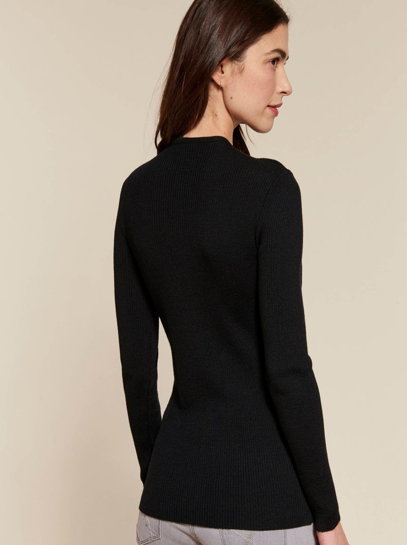 Pull col rond 50% laine m?rinos, uni et ray? - Damart Noir - Kiabi