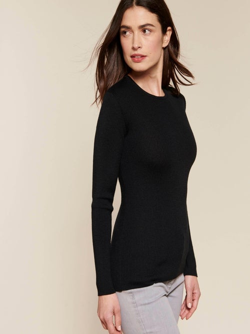 Pull col rond 50% laine m?rinos, uni et ray? - Damart - Kiabi