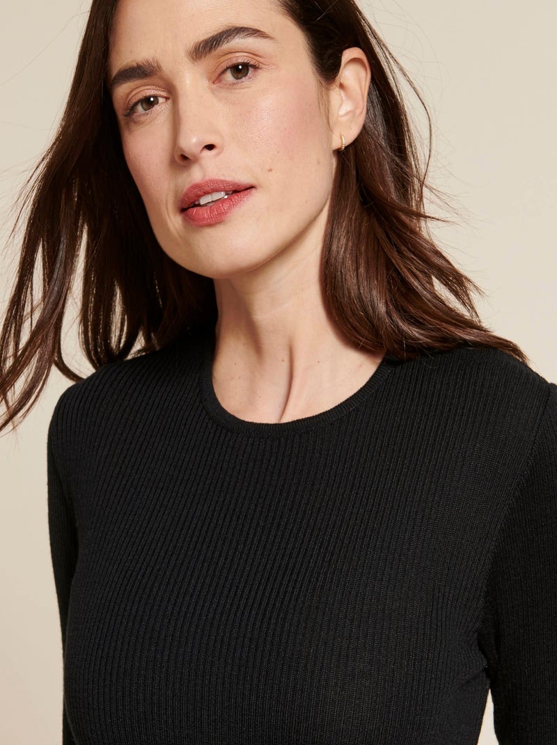 Pull col rond 50% laine m?rinos, uni et ray? - Damart Noir - Kiabi