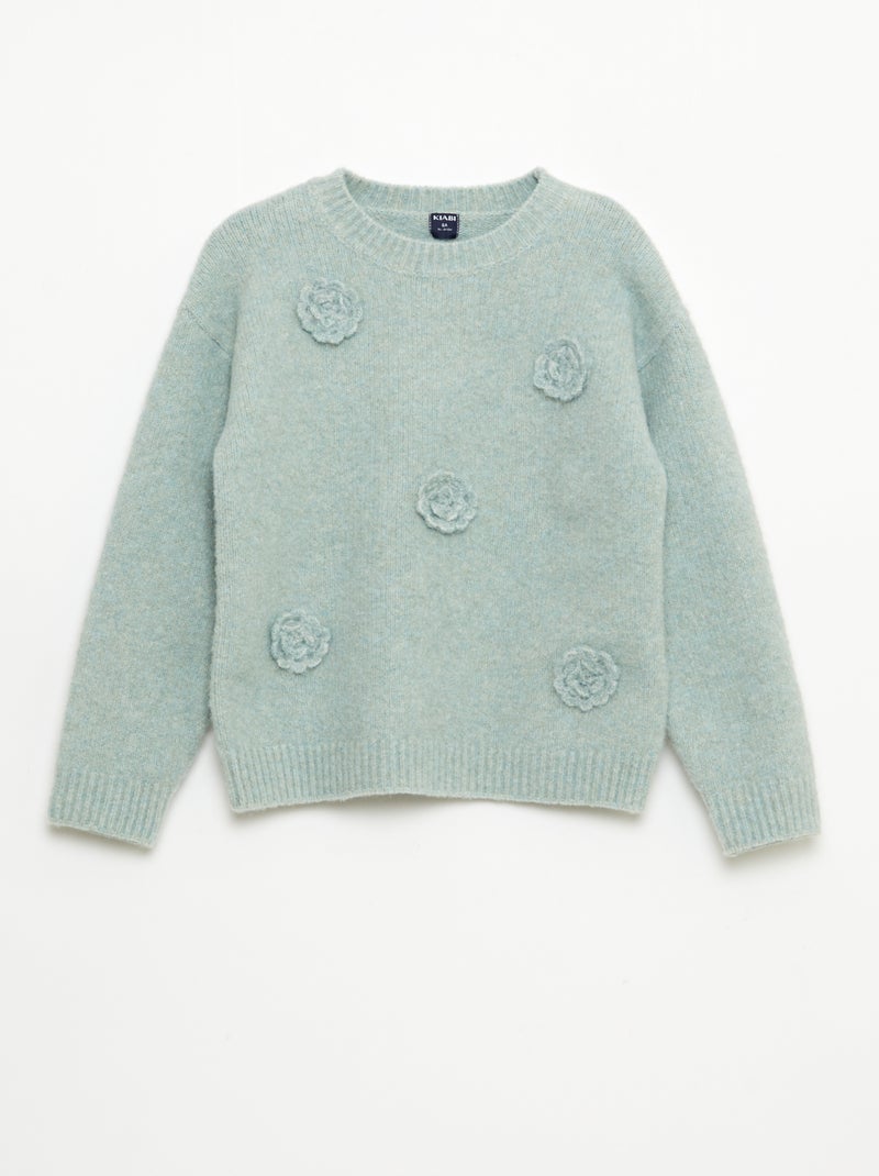 Pull col rond avec fleurs en crochet uni Bleu - Kiabi