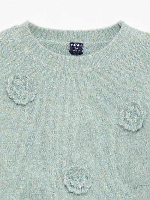 Pull col rond avec fleurs en crochet uni - Kiabi